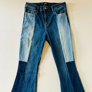 Hollister Women's Retro Two-Tone Blue Patchwork Flare Jeans SZ 9 / 29x32 Stretch